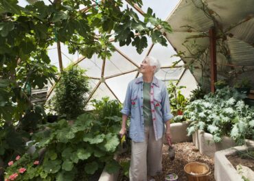 Smiling senior woman gardening in a geodesic dome, climate controlled glass house